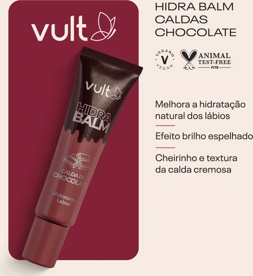 CARD DO PRODUTO COM AS INFORMAÇÕES: HIDRA BALM CALDAS CHOCOLATE
Melhora a hidratação natural dos lábios
Efeito brilho espelhado
Cheirinho e textura da calda cremosa
