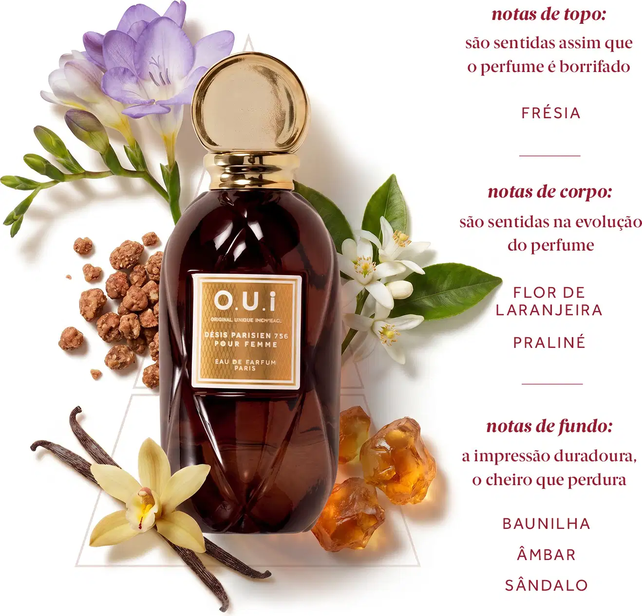 Frasco de item de perfumaria da marca O.U.i com rótulo dourado, notas de topo de frésia, notas de corpo de flor de laranjeira e pralinê, e notas de fundo de baunilha, âmbar e sândalo.