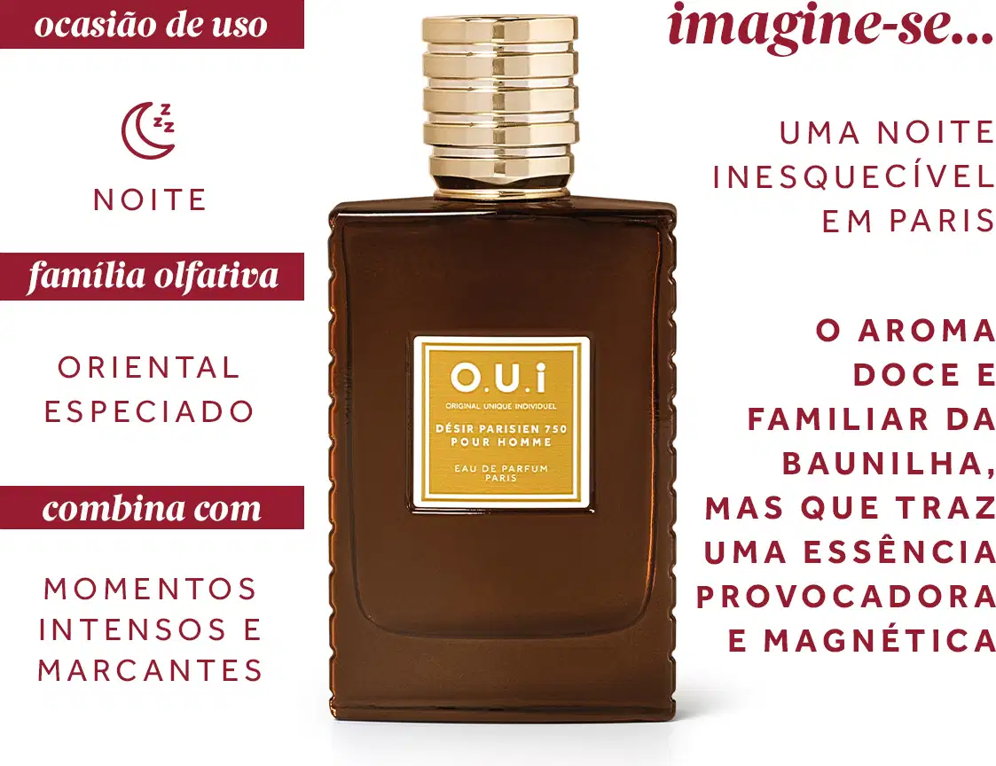 Frasco de item de perfumaria da marca O.U.i, com design elegante em tom marrom e detalhes dourados, e informações sobre o aroma, ocasião de uso, família olfativa.