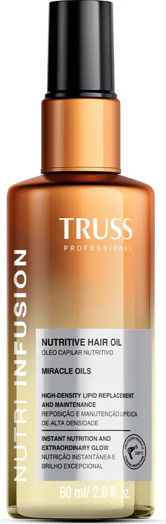 Frasco de óleo capilar nutritivo TRUSS, com embalagem tipo spray nas cores laranja bronze no topo e degradê amarelo embaixo. Títulos em branco sobre o frasco e rótulo com informações em preto sob fundo prata na parte médio inferior do frasco.