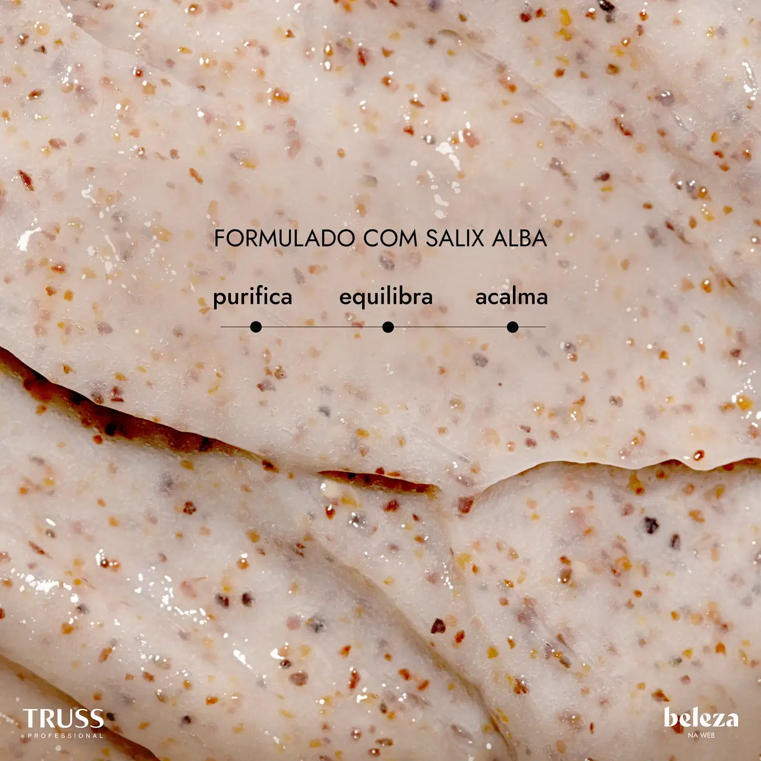 Textura formulada com Salix Alba, com texto legível "purifica", "equilibra" e "acalma".