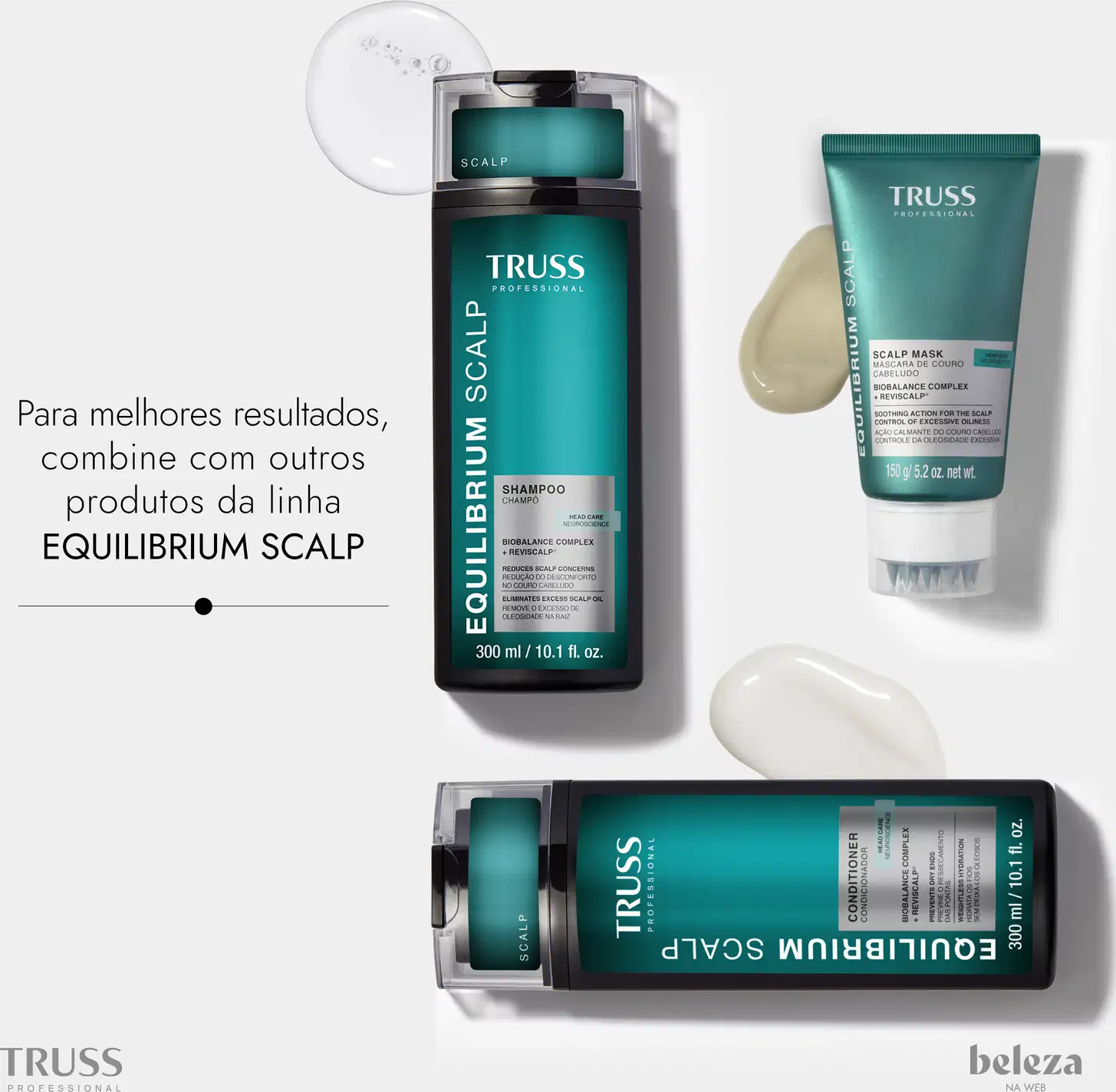 Embalagem e frascos de produtos da linha Equilibrium Scalp da marca Truss, incluindo shampoo, máscara e outros itens de perfumaria para cuidados com o couro cabeludo.