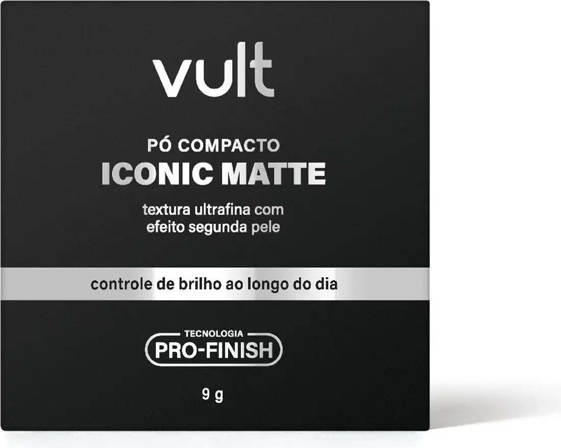 Embalagem preta com texto prata, do Pó compacto Iconic Matte da marca Vult, com textura ultrafina e efeito segunda pele, controle de brilho ao longo do dia e tecnologia Pro-Finish.
