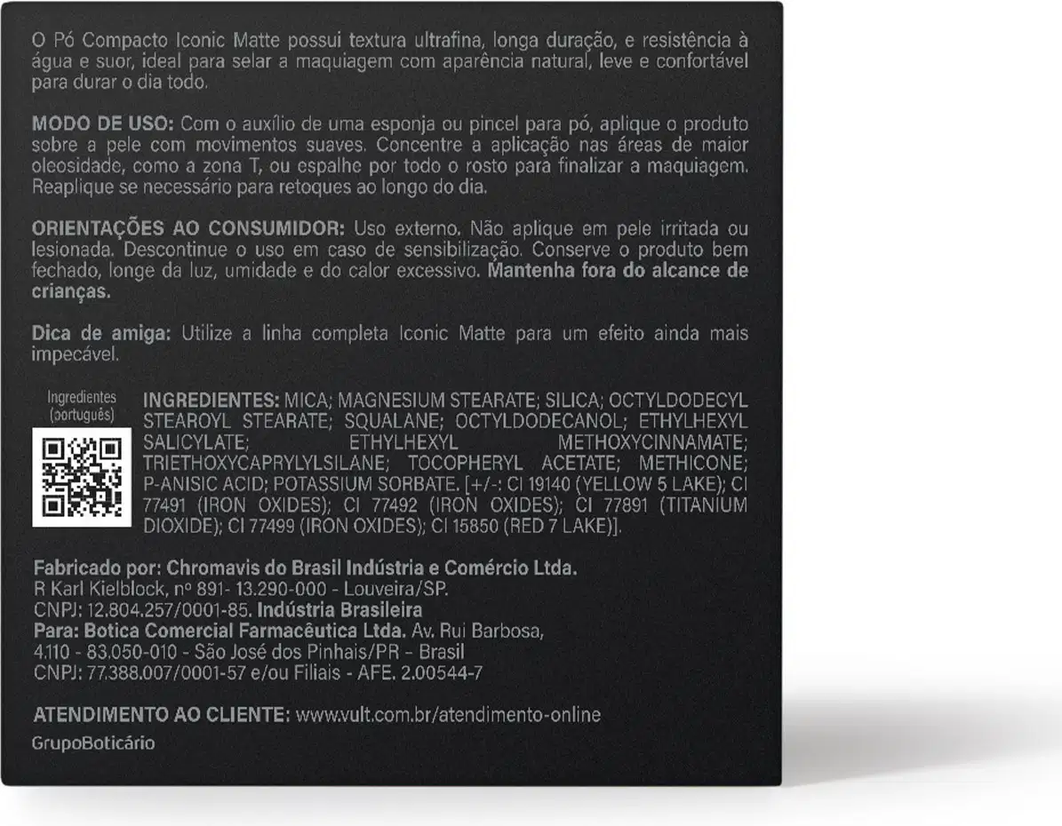Verso da embalagem preta do pó compacto Vult, contendo informações sobre modo de uso, ingredientes e dados do fabricante.