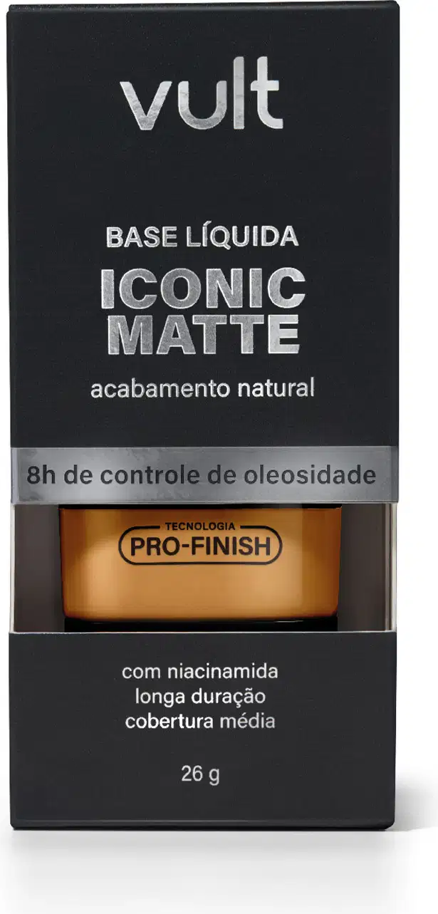 Caixa preta da marca Vult contendo base líquida Iconic Matte com acabamento natural e tecnologia Pro-Finish, com informações sobre o controle de oleosidade e duração da cobertura.