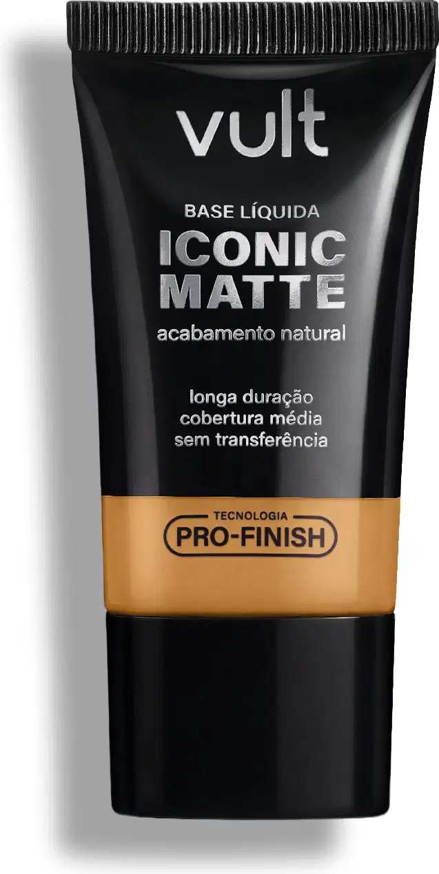 Tubo preto de base líquida Iconic Matte da marca Vult, com acabamento natural e tecnologia Pro-Finish, promovendo longa duração e cobertura média sem transferência.