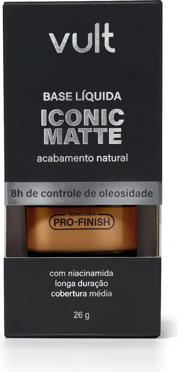 Caixa preta da marca Vult contendo base líquida Iconic Matte com acabamento natural e tecnologia Pro-Finish, com 26g de produto e informações sobre o controle de oleosidade.