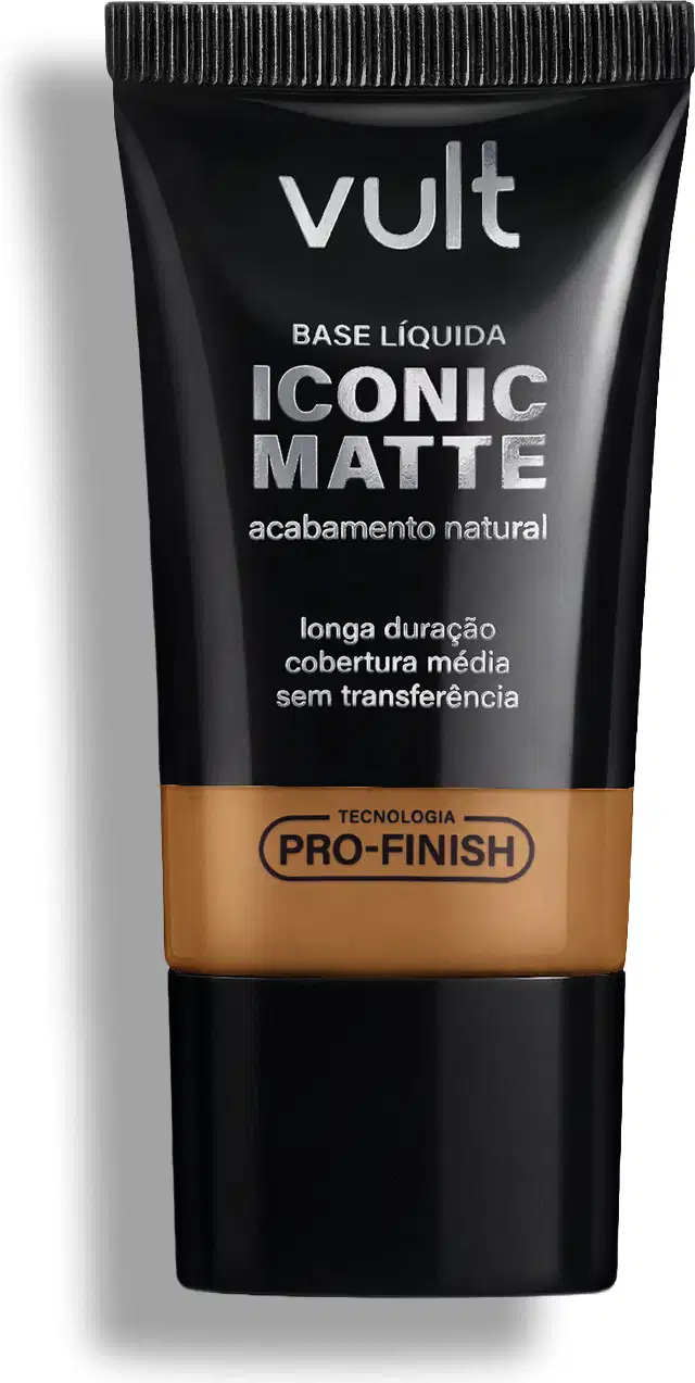 Tubo preto de base líquida Iconic Matte da marca Vult, com acabamento natural e tecnologia Pro-Finish, promovendo longa duração e cobertura média sem transferência.