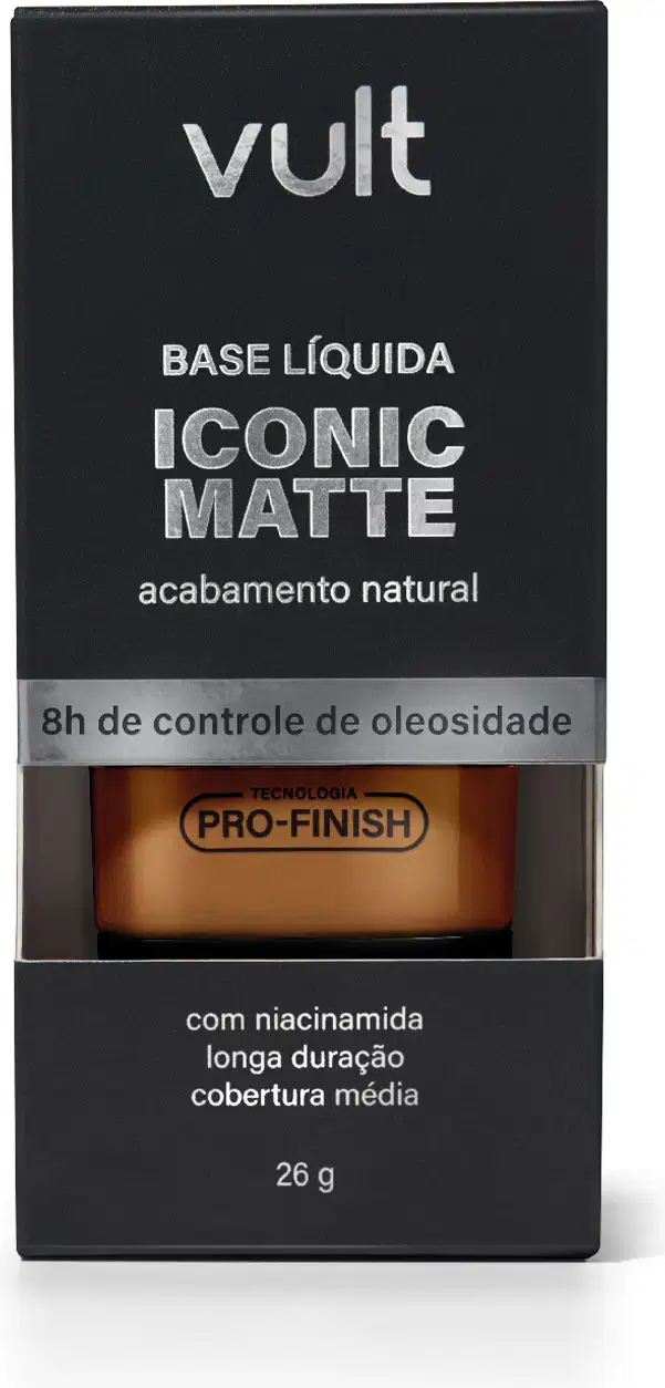Caixa preta da marca Vult contendo base líquida Iconic Matte com acabamento natural, com informações sobre o produto e sua tecnologia Pro-Finish.