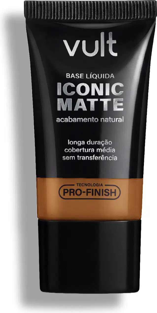 Base líquida Iconic Matte da Vult, em embalagem preta com detalhes em dourado, apresentando tecnologia Pro-Finish para longa duração e cobertura média sem transferência.