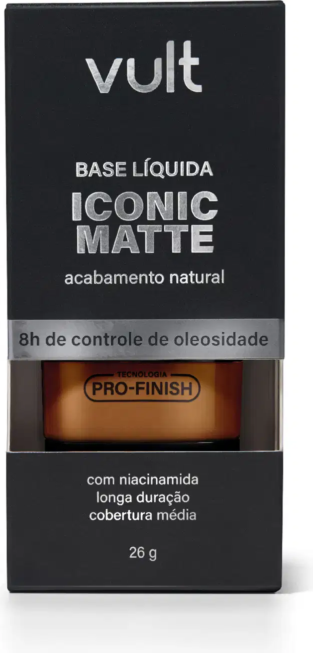 Caixa preta da marca Vult contendo base líquida de acabamento matte. Rótulo destaca a tecnologia "Pro-Finish" e informações sobre o produto, como duração e cobertura média.