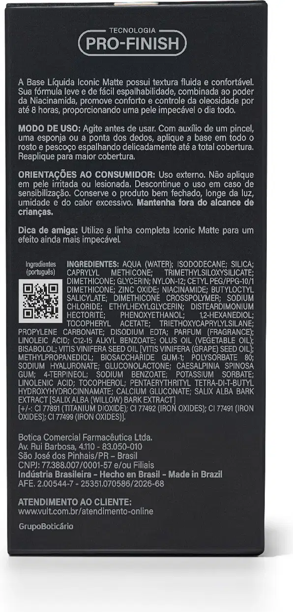 Caixa preta de base líquida Iconic Matte da marca Pro-Finish, com informações sobre o produto e instruções de uso impressas na embalagem.