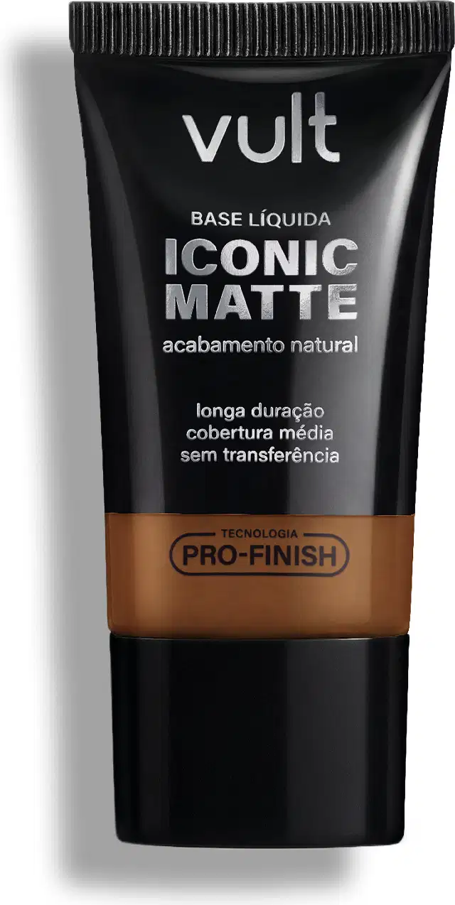 Tubo preto de base líquida Iconic Matte da marca Vult, com acabamento natural e tecnologia Pro-Finish, promovendo longa duração e cobertura média sem transferência.