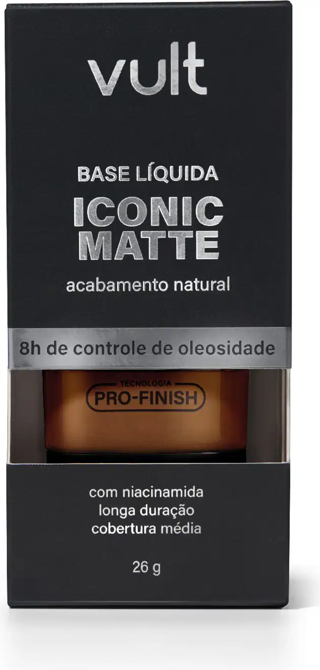 Caixa preta da marca Vult contendo base líquida Iconic Matte com acabamento natural, com 8h de controle de oleosidade e tecnologia Pro-Finish. Informações sobre niacinamida, duração e cobertura média impressas na embalagem.