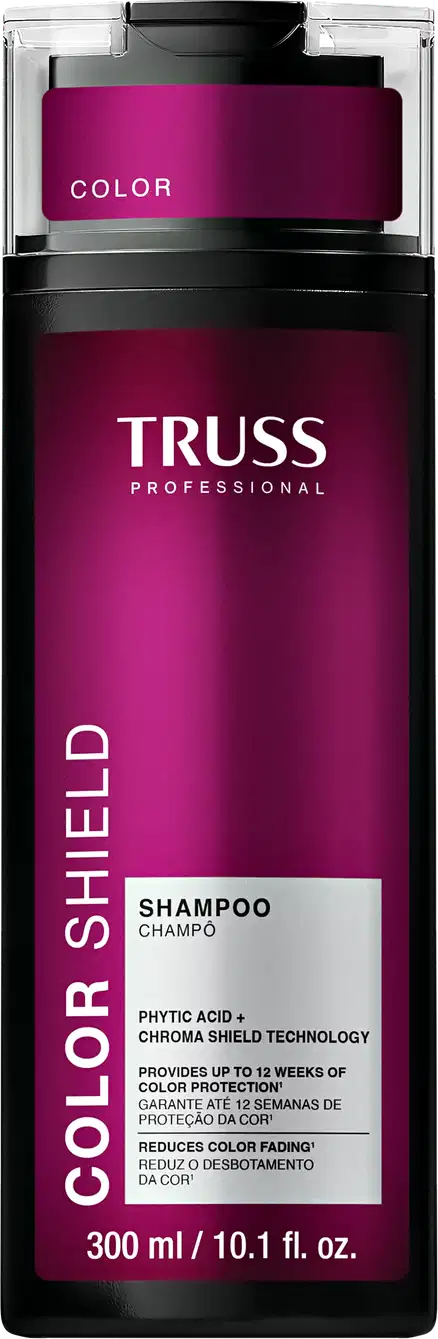 Frasco de item de perfumaria da marca Truss Professional, na cor rosa escuro, com rótulo branco contendo o nome da marca e informações sobre o produto, que parece ser um xampu para proteção da cor.