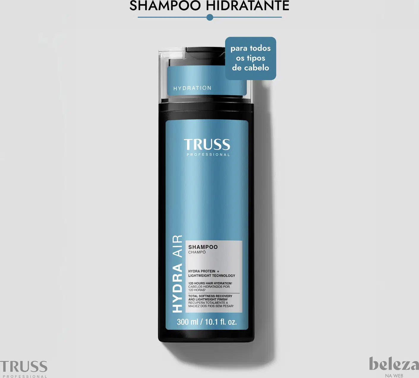 Frasco de shampoo da marca Truss Professional, com embalagem preta e azul, contendo 300 ml do produto. Para todos os tipos de cabelo