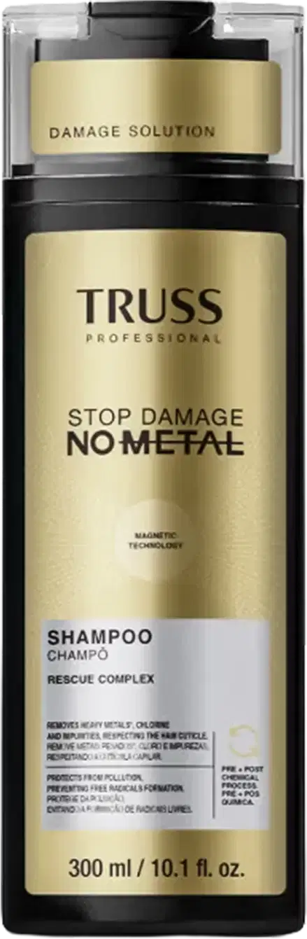 Frasco de shampoo da marca Truss Professional, com rótulo em tons de amarelo e preto, indicando "Stop Damage No Metal" e "Rescue Complex". O produto é apresentado em embalagem plástica transparente com tampa preta.