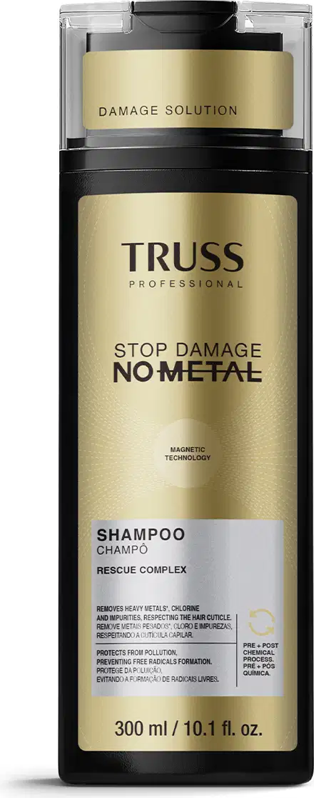Frasco de shampoo da marca Truss Professional, com design em preto e dourado, contendo a inscrição "Stop Damage No Metal" e "Rescue Complex" na embalagem.