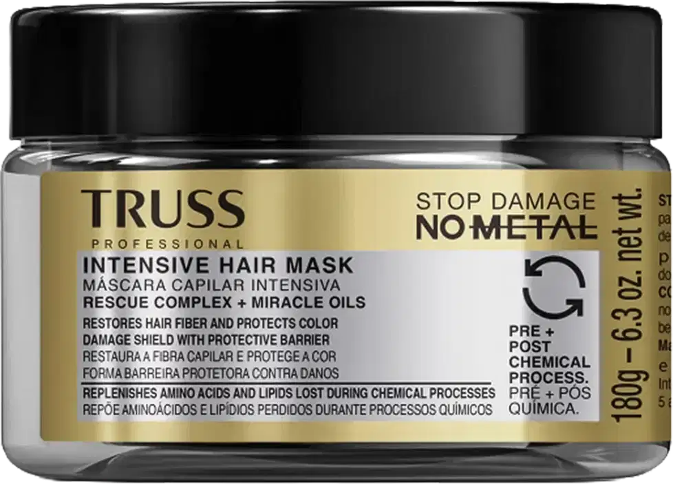 Frasco de máscara capilar intensiva da marca TRUSS Professional, com rótulo em preto e dourado destacando os benefícios de proteção contra danos químicos e restauração da fibra capilar.