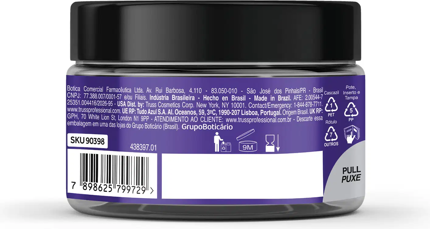 Frasco preto de item de cabelos - Net Mask Blond Revolution - com rótulo roxo e branco, contendo informações sobre marca, produto e instruções de uso.