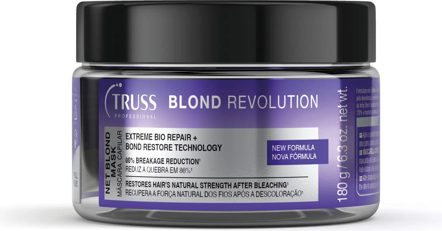 Pote preto de produto Net Mask para cabelos da marca Truss, com rótulo roxo e branco exibindo o nome "Blond Revolution" e informações sobre tecnologia de reparação e redução de quebra.