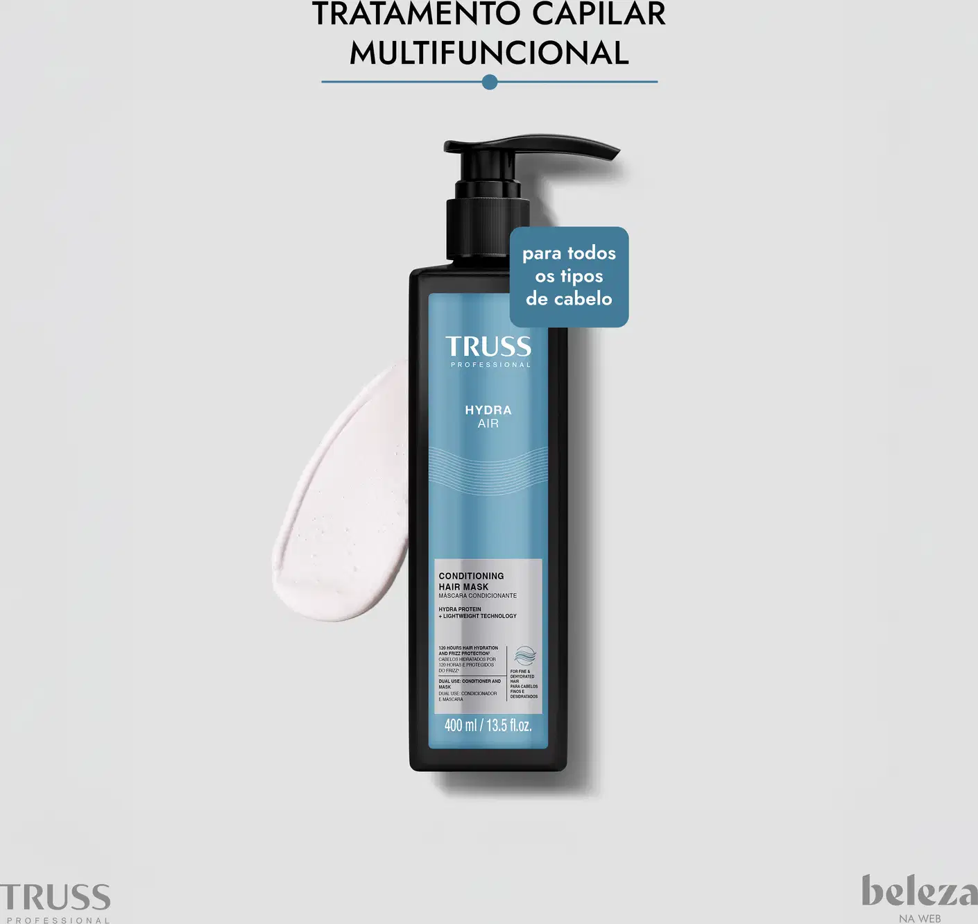 Embalagem preta de produto capilar da marca TRUSS, com texto "HYDRA AIR CONDITIONING HAIR MASK", indicado para todos os tipos de cabelo.