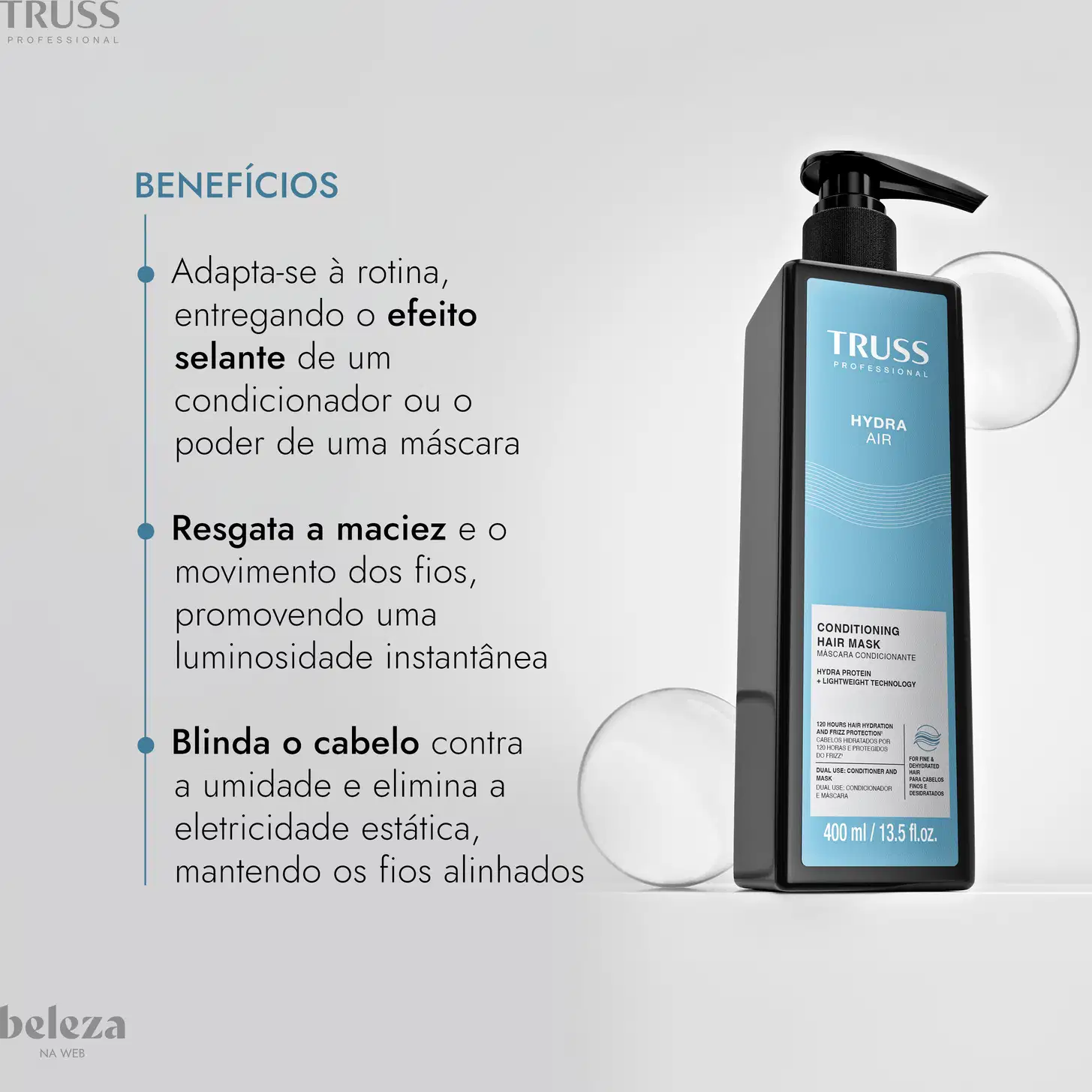 Embalagem preta e azul da marca TRUSS com texto "HYDRA AIR CONDITIONING HAIR MASK" e informações sobre o produto de 400 ml.