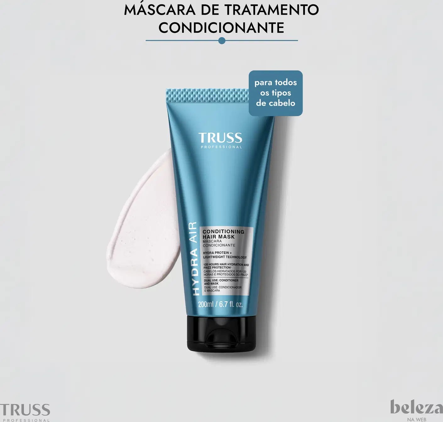 Máscara de tratamento condicionante da marca TRUSS, com tecnologia Hydra Protein+ e proteção contra frizz, para todos os tipos de cabelo, em embalagem de 200ml.