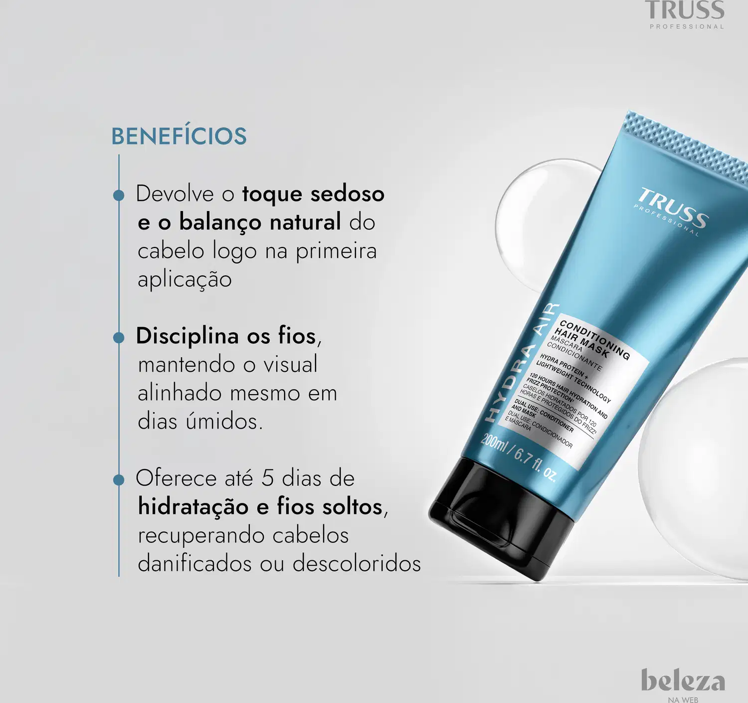 Tubo de máscara condicionadora de cabelo da marca Truss Professional, com embalagem cinza e preta, contendo 200ml do produto. Toque sedoso e o balanço natural do cabelo logo na primeira aplicação; Disciplina os fios.