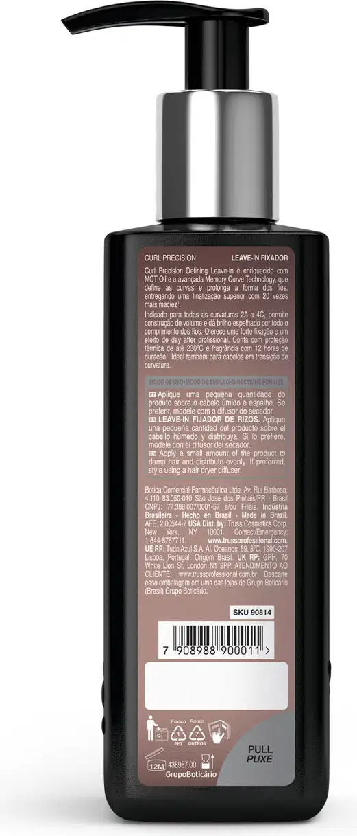 Frasco de produto para cabelos com bomba doseadora, em tons de preto e prata, com rótulo em marrom e branco contendo informações sobre o produto.