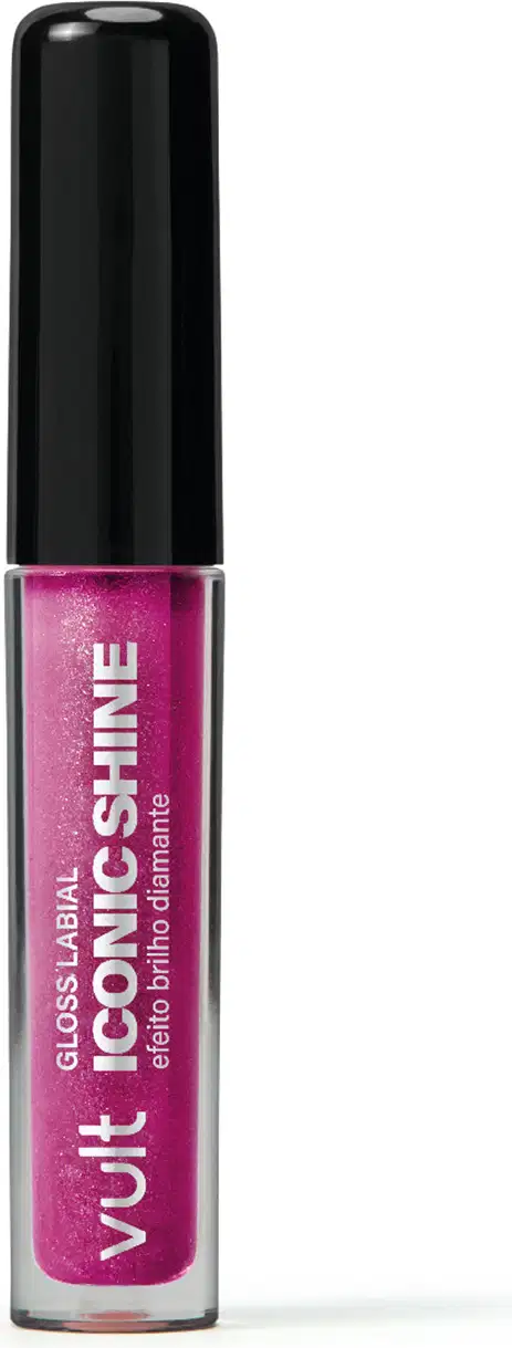 Frasco rosa com tampa preta do Gloss Labial Iconic Shine com texto efeito brilho diamante.
