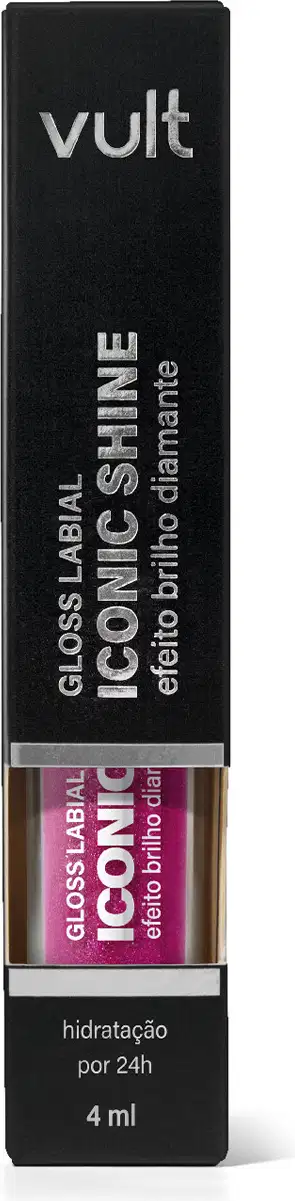 Caixa preta com logotipo da marca Vult, contendo frasco de gloss com rótulo em destaque.
