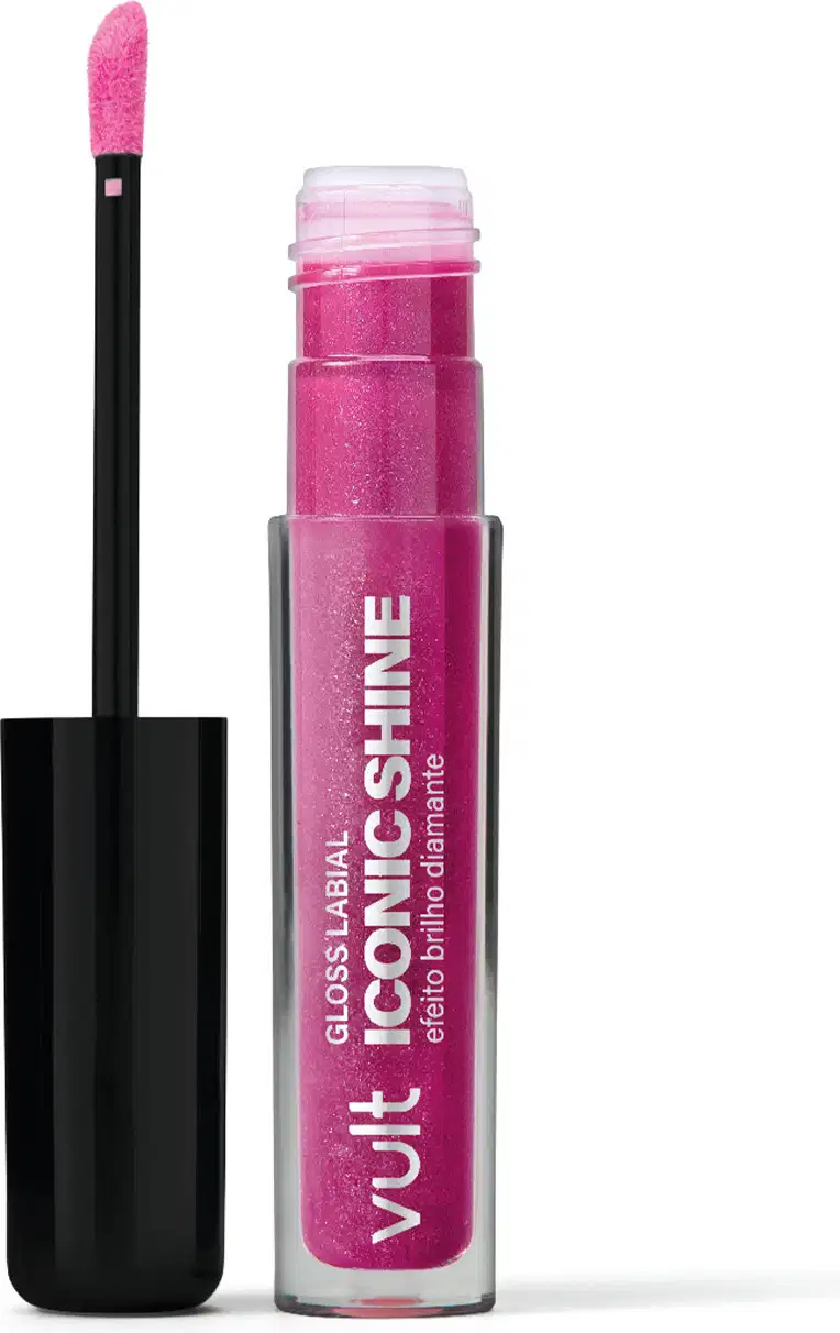 Frasco de gloss com aplicador e rótulo com texto "Vult Gloss Labial", contendo um brilho labial de cor rosa brilhante.