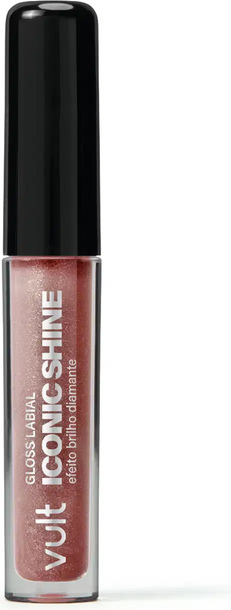 Frasco de gloss labial Vult Iconic Shine de cor rosada, com rótulo preto destacando o nome da marca e do produto. O frasco possui formato cilíndrico e tampa preta, apresentando uma aparência elegante e sofisticada.