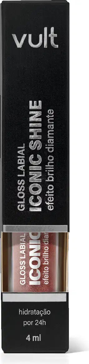 Caixa preta com logotipo Vult contendo gloss labial da linha Iconic Shine, com 4 ml de volume, apresentando hidratação por 24 horas.