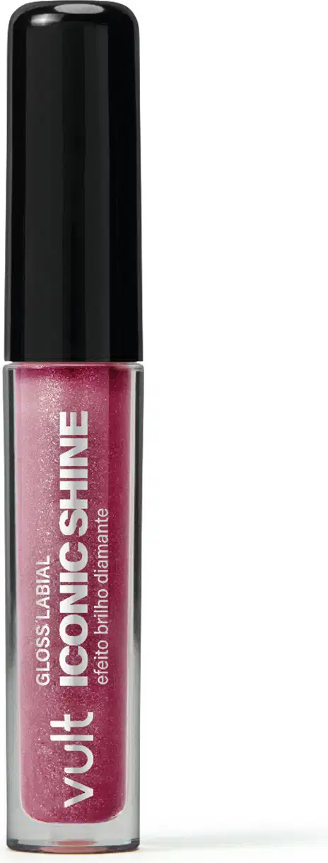 Frasco de gloss labial Vult Iconic Shine de cor rosa brilhante, com rótulo preto destacando o nome da marca e do produto.