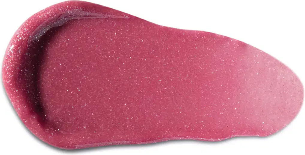 Textura cremosa e brilhante, com acabamento aveludado e tom rosado intenso, característico de produtos de maquiagem da marca Vult.