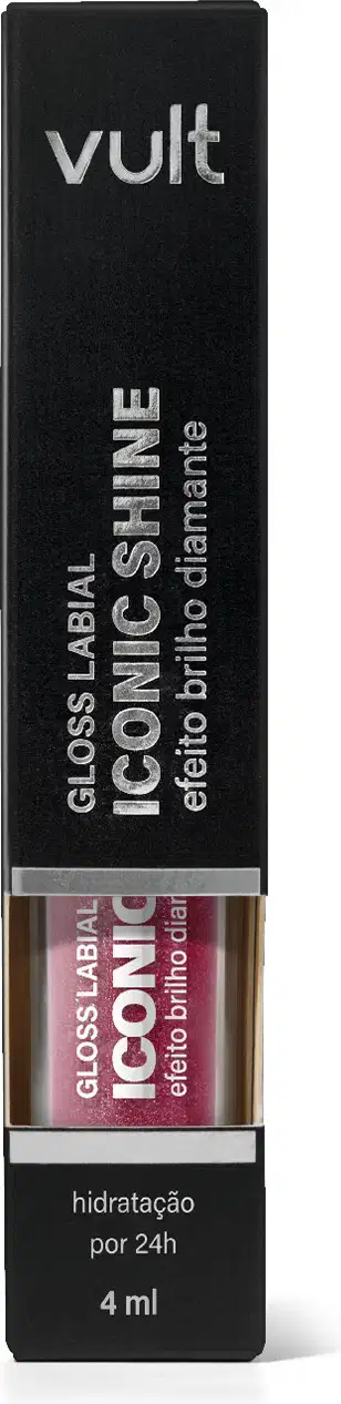 Caixa preta com logotipo "Vult" contendo um frasco de vidro com produto cosmético "Gloss Labial Iconic Shine" em embalagem preta e cinza, com informações sobre o produto.