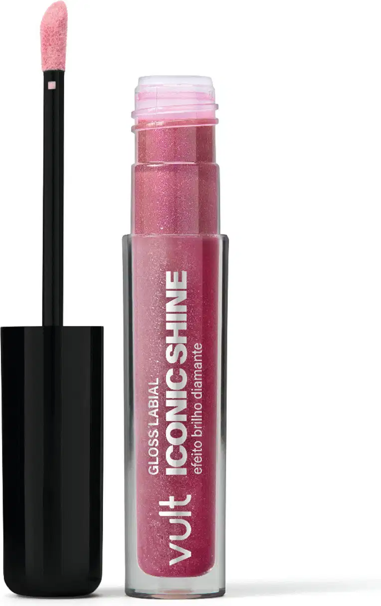 Produto de beleza Vult Iconic Shine, um brilho labial em embalagem plástica rosa com aplicador. O rótulo apresenta o nome do produto e a marca Vult em destaque.