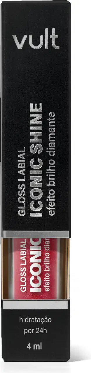 Caixa preta com logotipo Vult contendo um tubo de gloss labial Iconic Shine em embalagem preta e vermelha. Produto com promessa de hidratação por 24 horas, com volume de 4 ml.