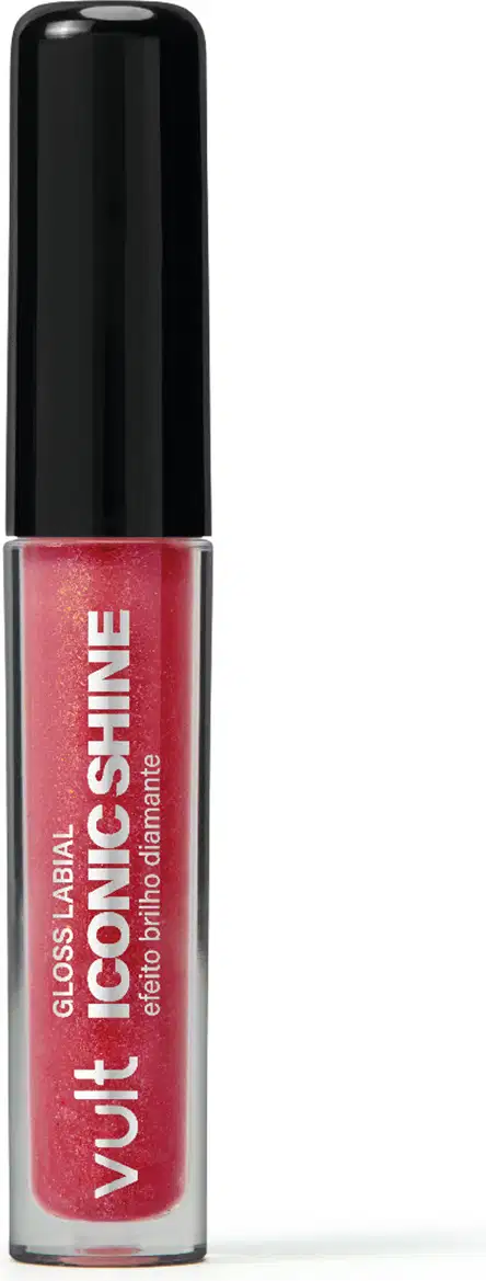 Frasco de esmalte Vult Iconic Shine de cor rosa brilhante, com rótulo preto destacando o nome da marca e do produto. A embalagem possui formato cilíndrico e tampa preta.