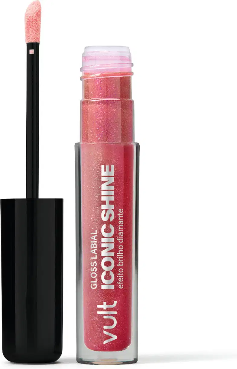 Brilho labial Vult Iconic Shine em embalagem plástica rosa com aplicador. Rótulo com o nome do produto e marca Vult em destaque.