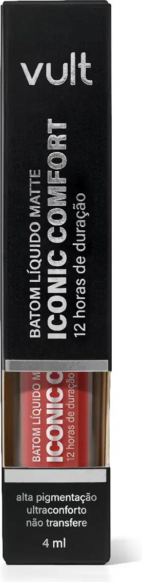 Caixa preta com logotipo Vult contendo produto de maquiagem líquido de alta pigmentação e conforto, com rótulo indicando "Batom Líquido Matte Iconic Comfort" em 12 horas de duração, com volume de 4 ml.