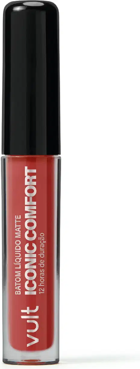 Batom líquido matte da marca Vult, em embalagem preta com rótulo vermelho, contendo o nome "Iconic Comfort" e informações sobre o produto.