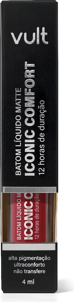 Caixa preta com rótulo "Vult" contendo um tubo de 4 ml de "Batom Líquido Matte Iconic Comfort" em tom marrom escuro. Embalagem com informações sobre a alta pigmentação e conforto do produto.