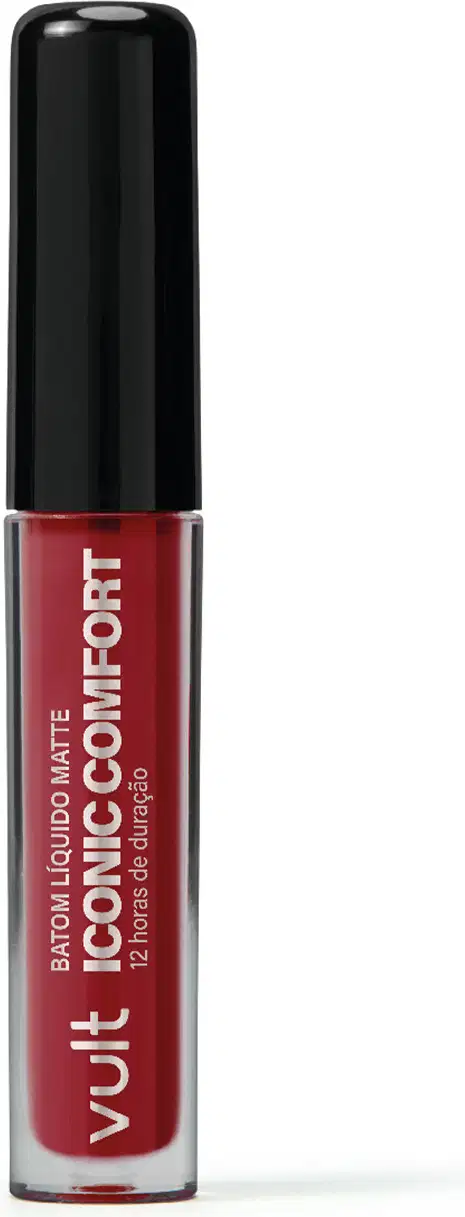Batom líquido matte da marca Vult, em embalagem preta com rótulo vermelho, contendo o nome "Iconic Comfort" e a indicação de 12 horas de duração.