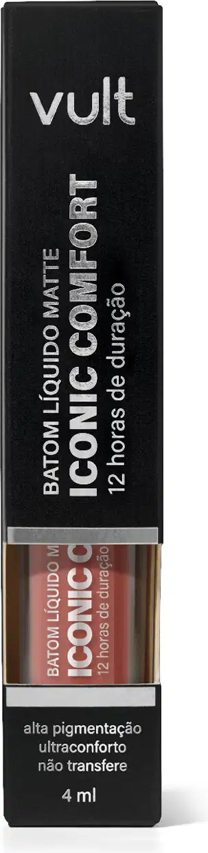 Caixa preta com logotipo Vult contendo produto de maquiagem líquido com 12 horas de duração, com rótulo indicando alta pigmentação e ultraconforto, sem transferência, com volume de 4 ml.