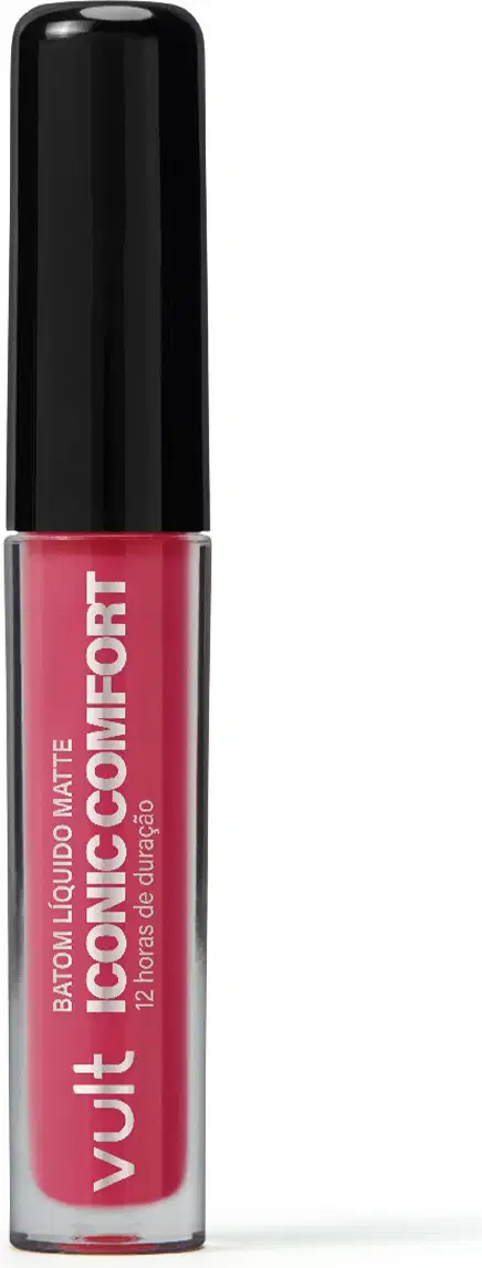 Batom líquido matte da marca Vult, em embalagem preta com rótulo rosa, contendo o nome "Iconic Comfort" e indicação de 12 horas de duração.