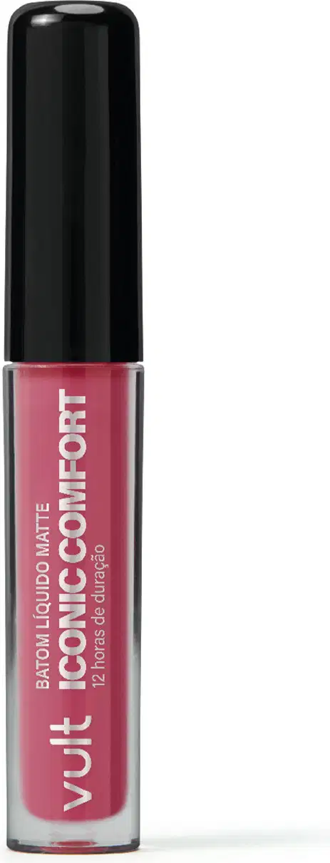 Batom líquido matte da marca Vult, em embalagem preta com rótulo rosa, contendo o nome "Iconic Comfort" e a indicação de 12 horas de duração.