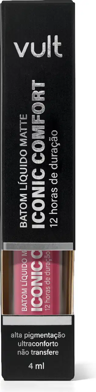 Caixa preta com rótulo da marca Vult contendo produto de maquiagem líquido com 4 ml de volume. Rótulo indica ser um produto de alta pigmentação e ultraconforto, com a denominação "Batom Líquido Matte Iconic Comfort".